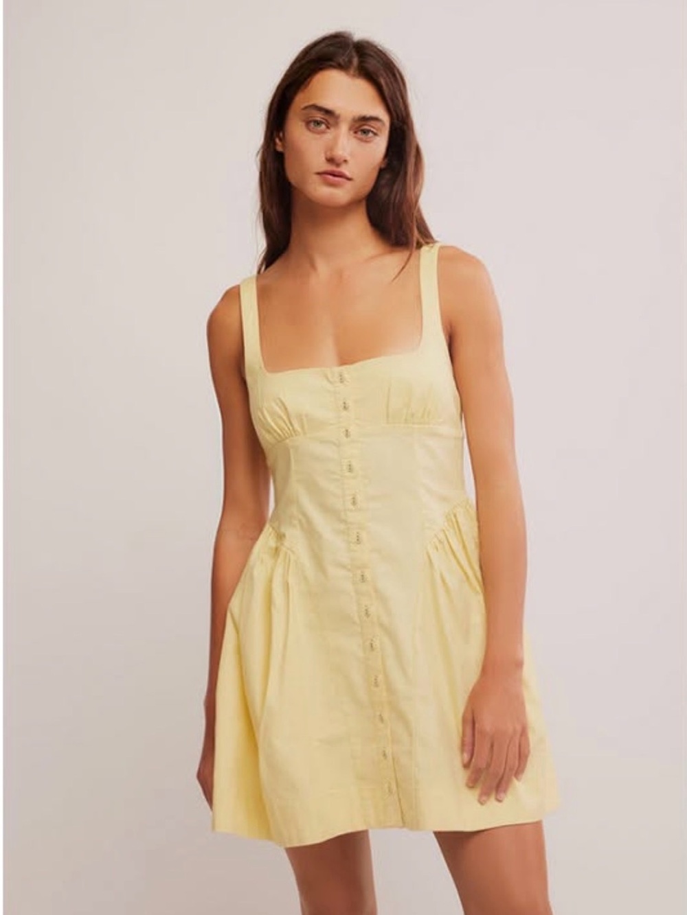 Free People Astrid Oxford Mini Dress Pale Yellow Button-Front Sundress
